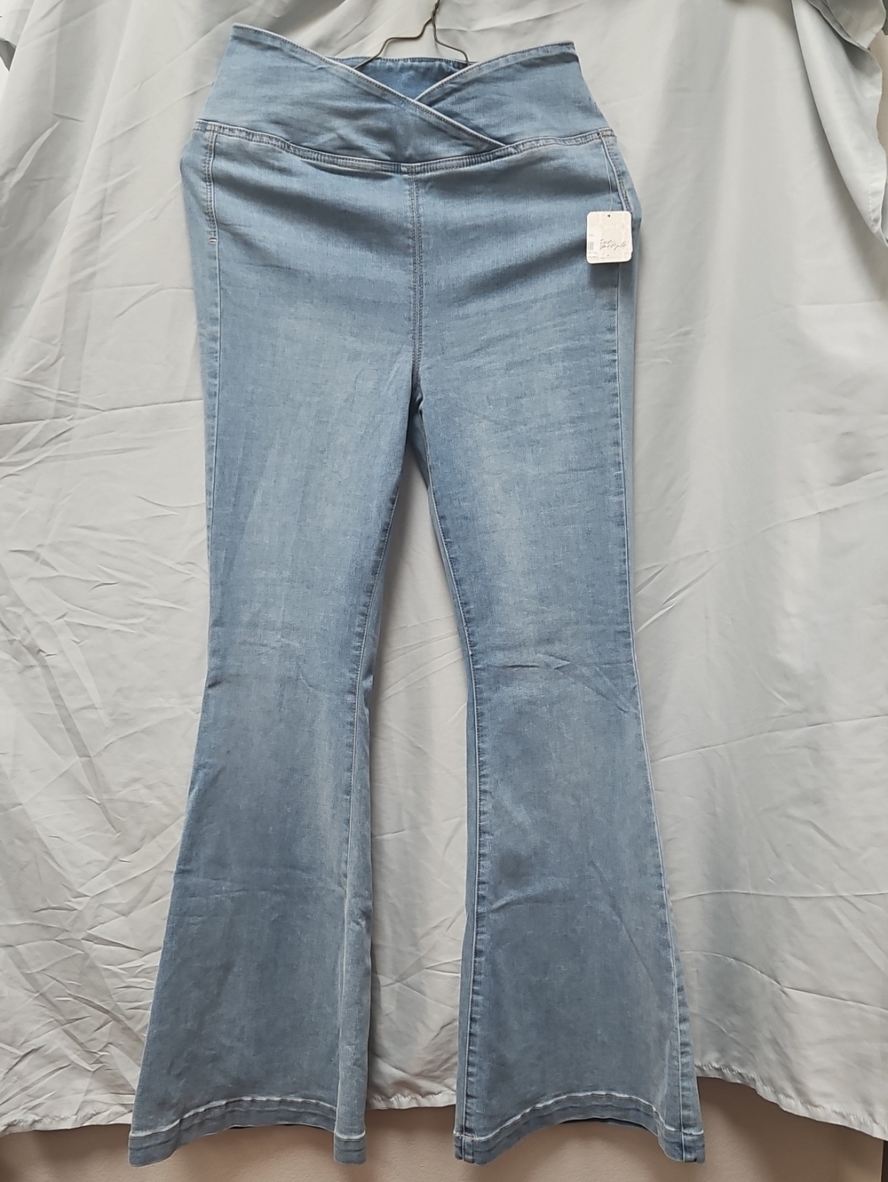 Light Blue High-Waist Flare Jeans with Crossover Waistband